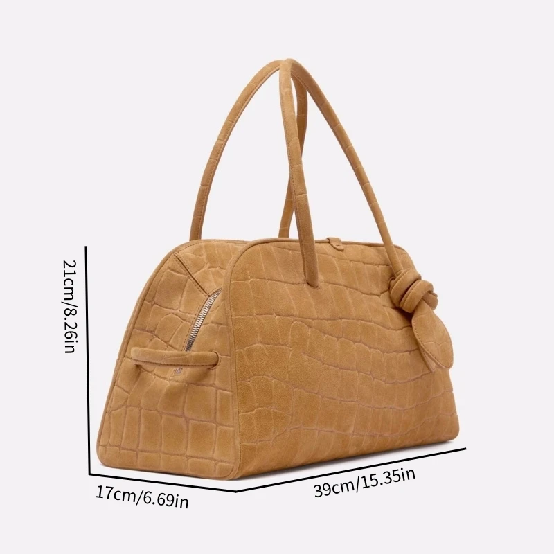 Women's Crocodile Embossed Bowling Bag, Luxury Designer New in Handbag with Bow Detail, Top Handle Soft Totes For Ladies
