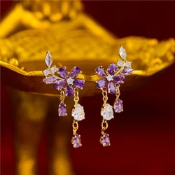 New Sweet Purple Zircon Flower Tassel Stud Earrings for Women Fashion Elegant Exquisite Luxury Temperament Girls Jewelry Gifts