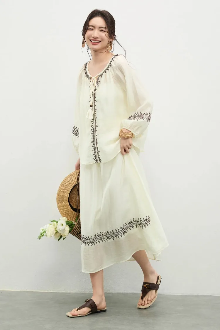 SENTUBILA Damen-Boho-Zweiteiler, Vintage-Stickerei, Quasten, loser Schnitt, Bluse mit elastischem Bund, A-Linien-Midirock, 162ZK5392 – Detail 14