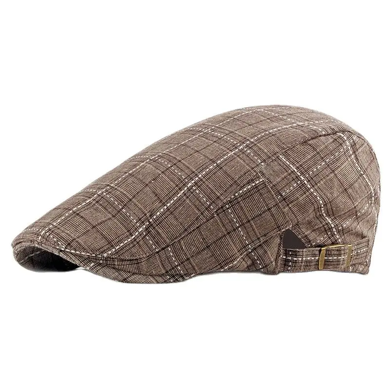 Spring Summer Newsboy Caps Men Plaid Cotton Flat Peaked Cap Women Painter Beret Hats 19