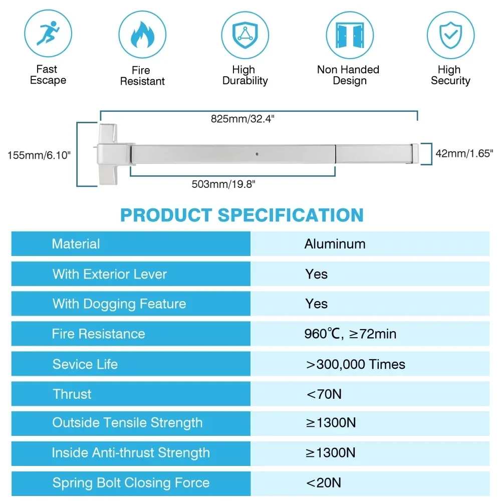 Imagem -02 - Push Bar para Portas de Saída Dispositivo de Pânico com Chaves Externas de Emergência Hardware para Portas de Madeira e Metal Largura 82120 cm