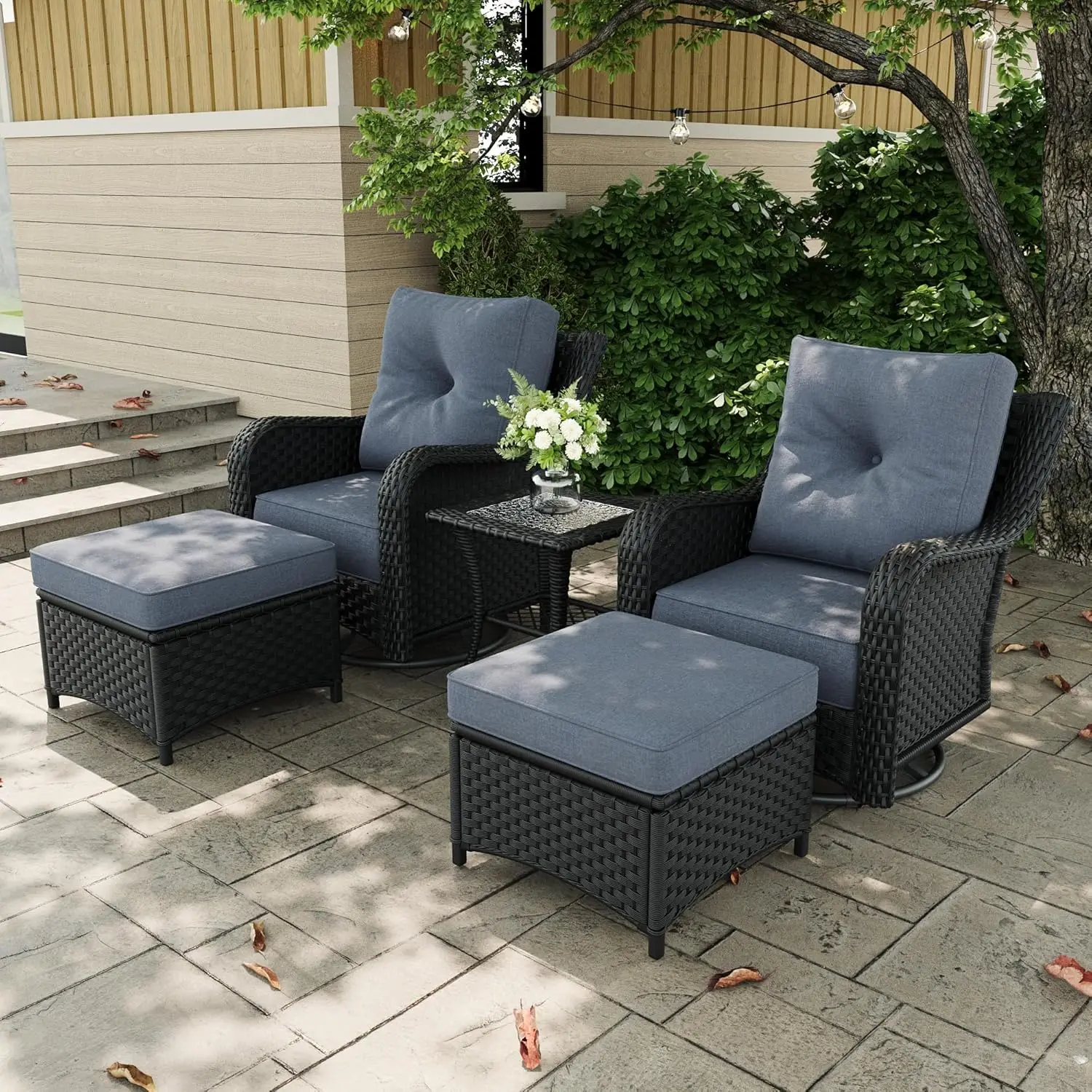 

5 Pieces Outdoor Patio Furniture Sets With Rocking Swivel Chairs With 6-inch Thick Cushion And Side Table For Deck, Customized