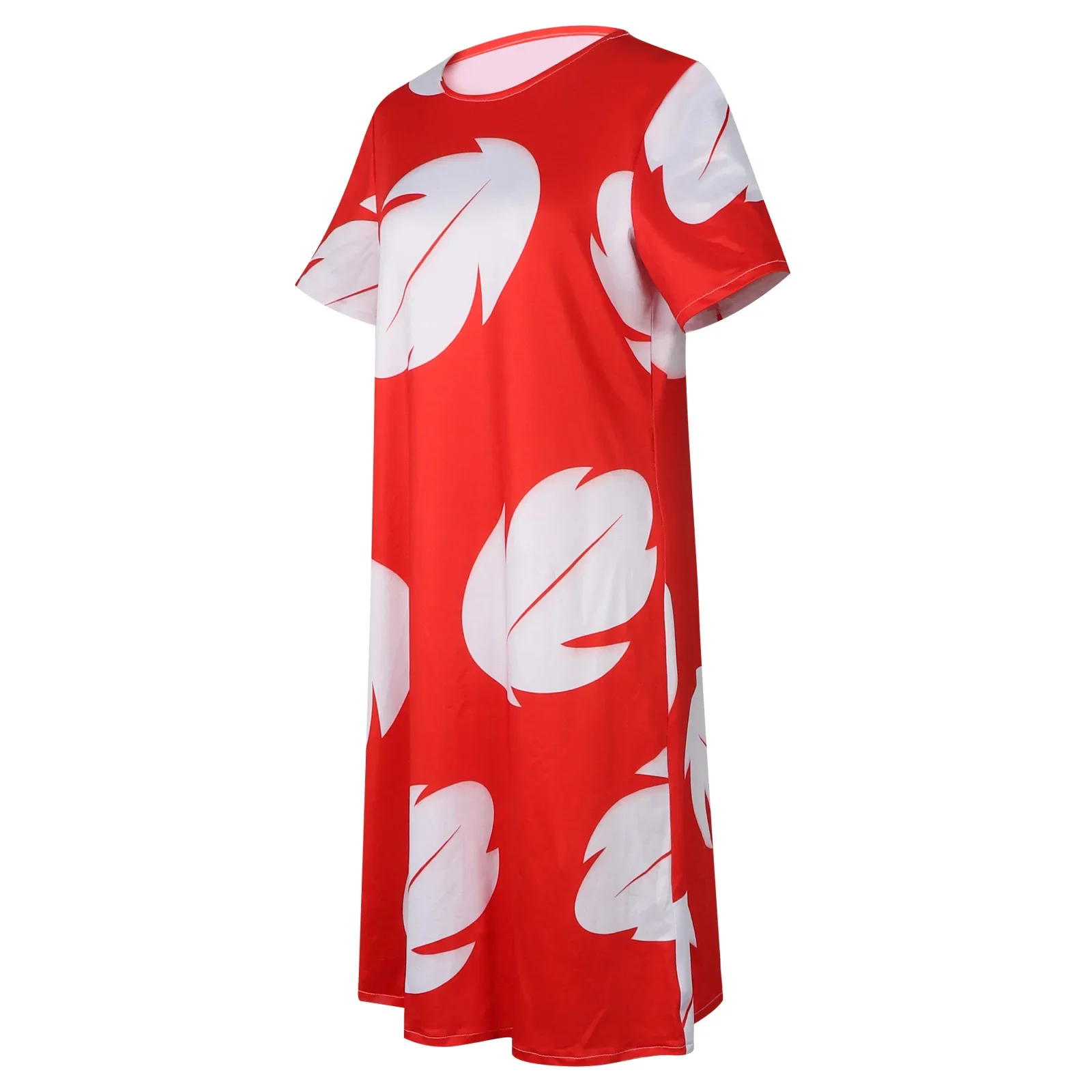 

Lilo Costume Women Leaves Red Dress Short Sleeve Pajamas Hawaiian Leaf Printed Dress Summer Beach Outfit