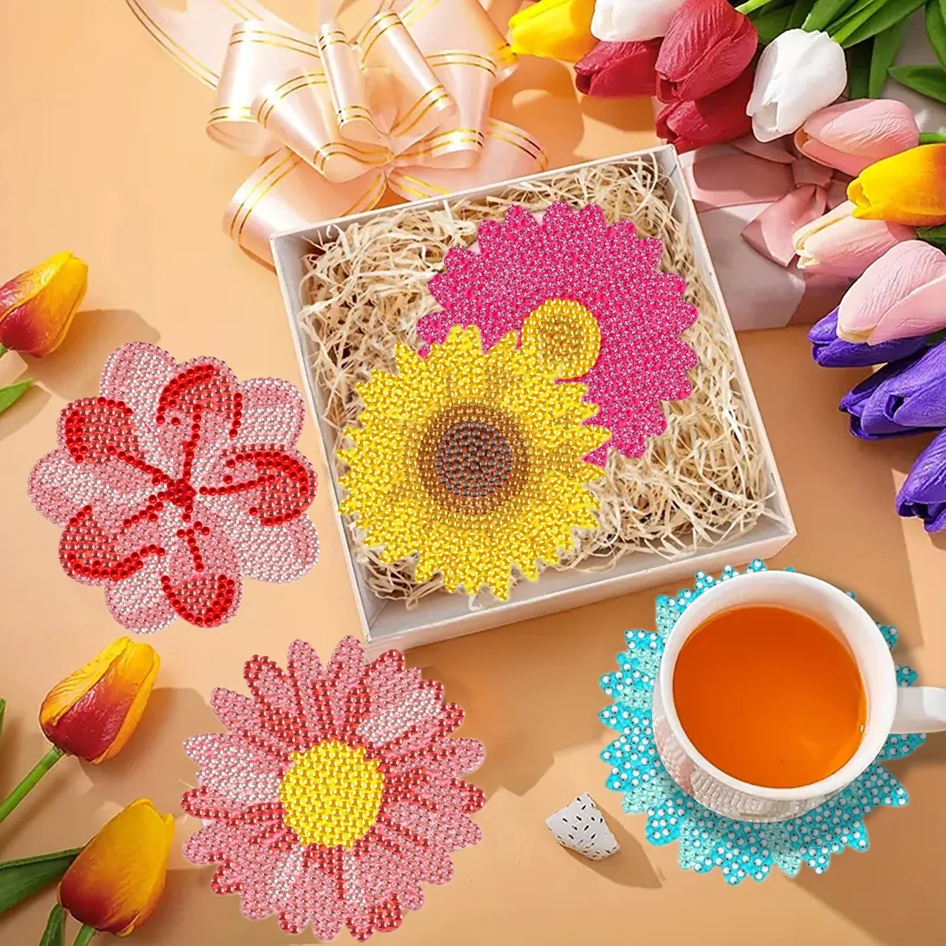 8-Piece Set/Diamond Painting Coaster Set, Flower Patterned Coaster (with Base) - Home DIY Handmade Art Set - view 5
