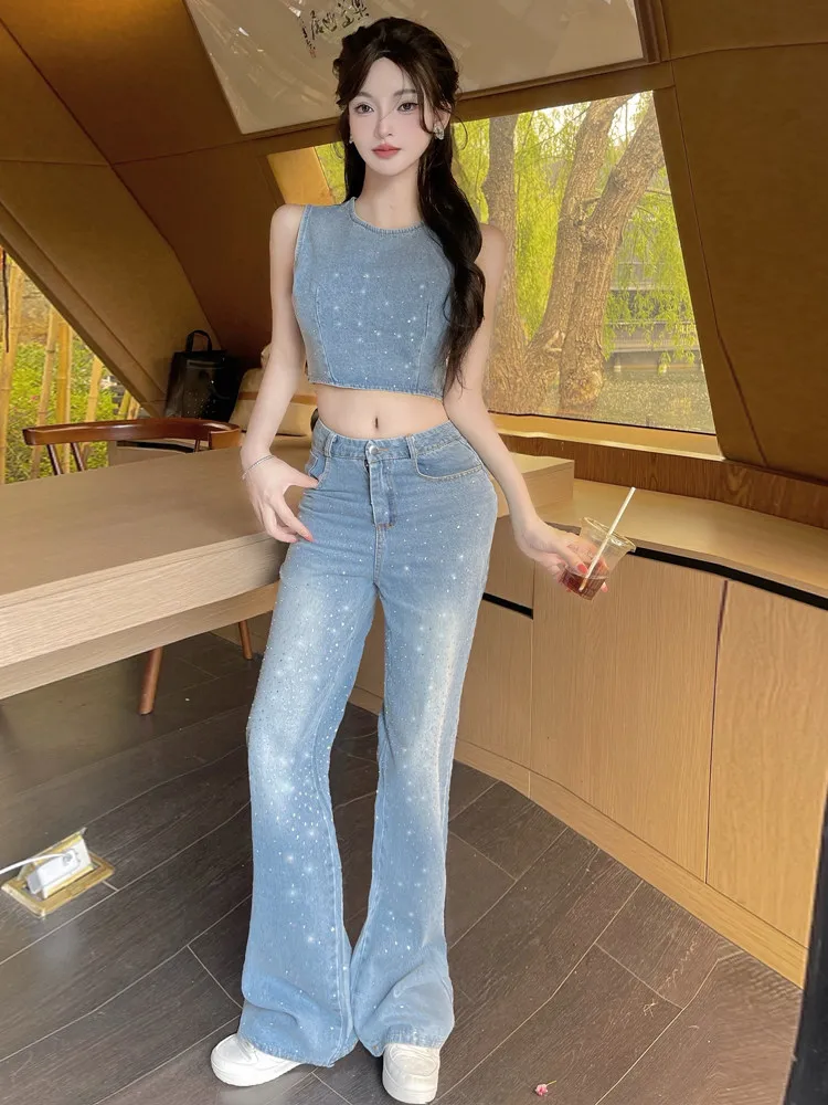 Heavy Industry Hot Drilled Round Neck Sleeveless Cowboy Tank Top High Waist Straight Leg Pants Spicy Girl Two Piece Set