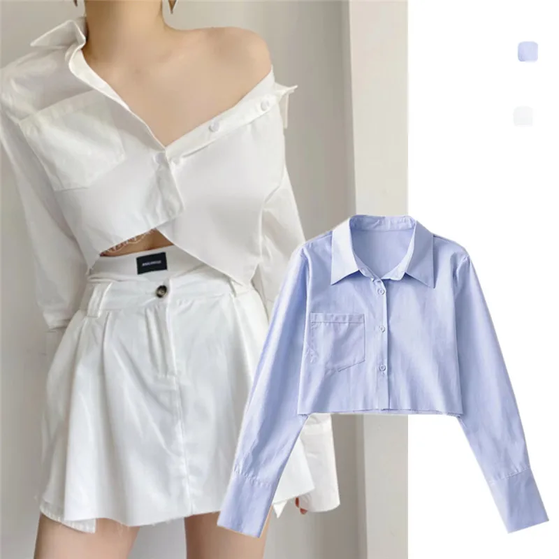 

Новый американский Sle Casual ort Blue Long Sve irt с высокой талией, белый, улучшающий дальний топ Cool Girl Street Sle Top