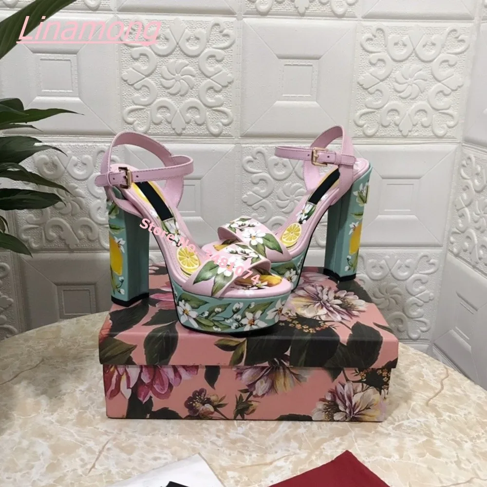 2025 Summer New Luxury Women Sandals Print Open Toe Retro Square High Heel Buckle Leather Platform Free Shipping Party Shoes view 6