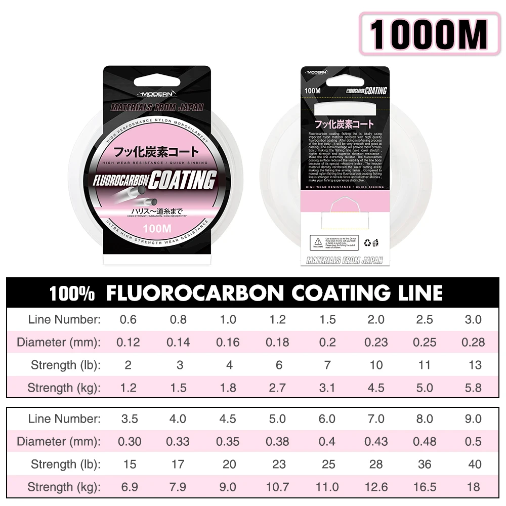 ZUKIBO Angelschnur aus 100 % Japan mit Fluorkohlenstoffbeschichtung, Angelschnur mit Fluorkohlenstoffführer, Nylon-Monofilament, hohe Abriebfestigkeit