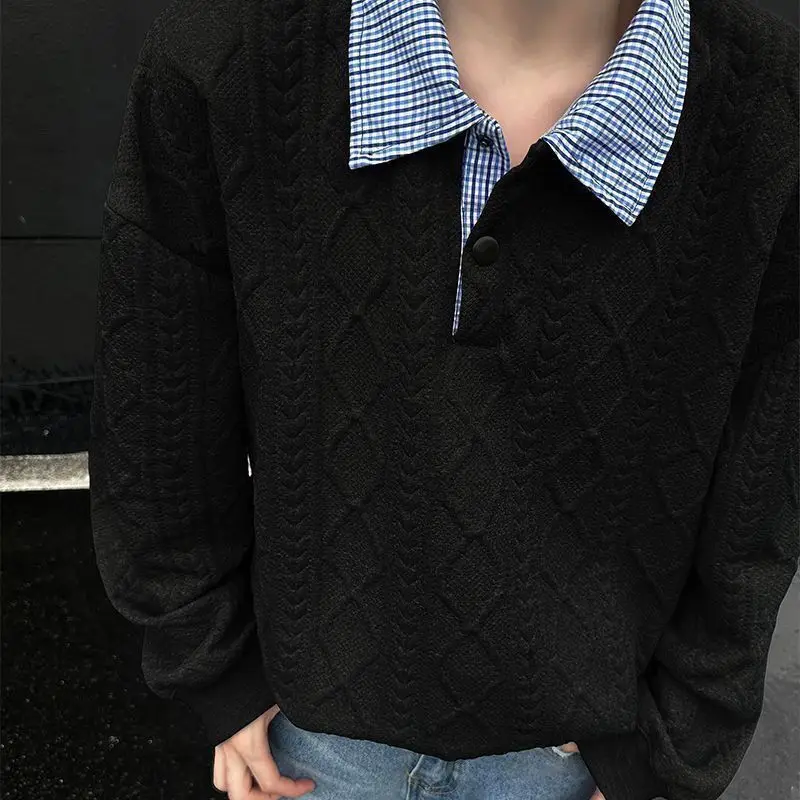 Spring Patchwork Hoodies Sweatshirt for Men's Hip Hop Plaid Lapels Jacquard Pullover Preppy Style Diamond Embossed Sweatshirt