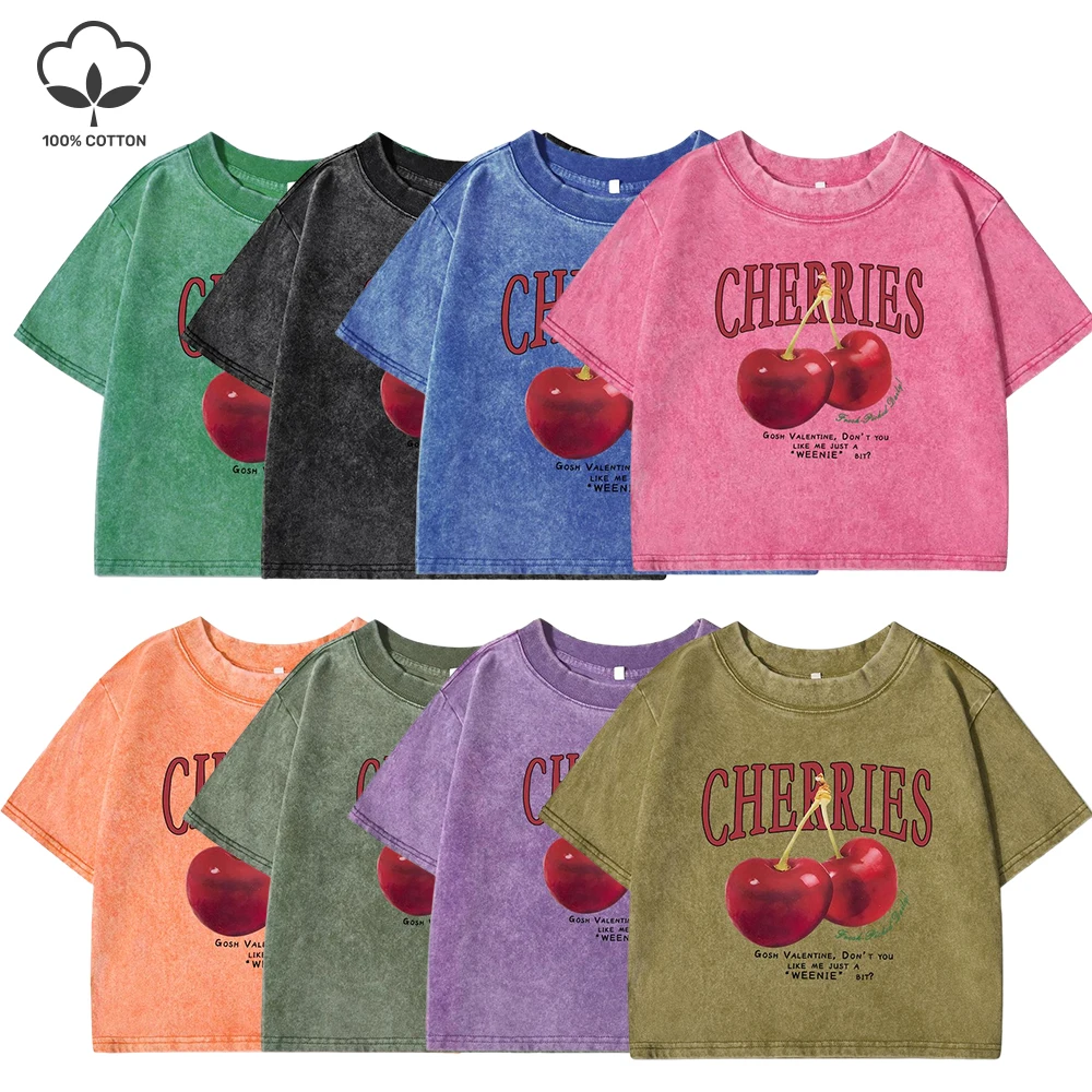 Red Cherries Letter Printed Female T-shirt Fashion Summer Washed Clothing Casual Cotton Crop Top Retro Tee Shirts For Women