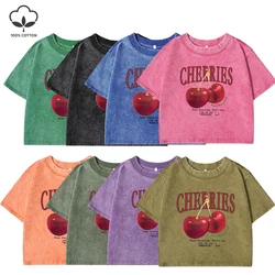 Red Cherries Letter Printed Female T-shirt Fashion Summer Washed Clothing Casual Cotton Crop Top Retro Tee Shirts For Women