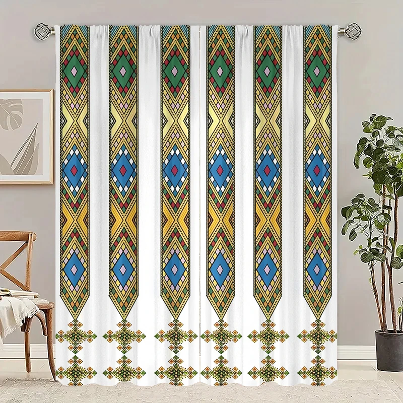 1 set of 2 pieces, purple-colored geometric rhombus patterned Ethiopian-style printed curtains, living room furniture decoration