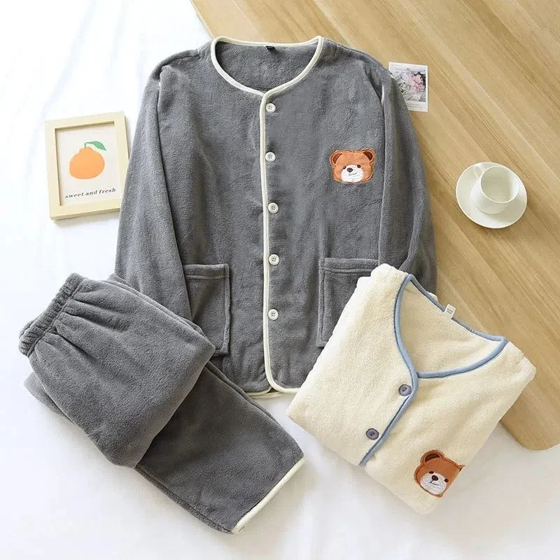 Autumn Winter Thickened Warm Coral Velvet Pajamas set sleepwear cartoon Embroidery Flannel School Pajamas Women's sweet Homewear