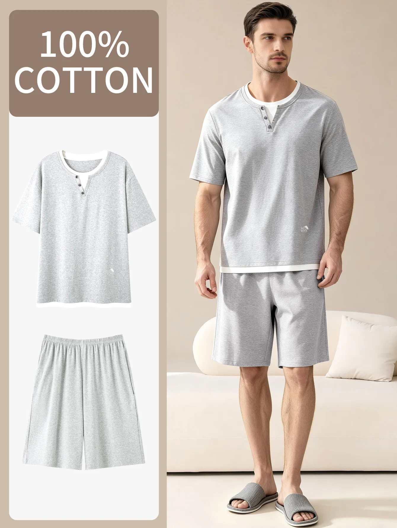 100% pure cotton men's sleepwear set, short sleeved shorts, suitable for spring and summer seasons, pure cotton can be used as o