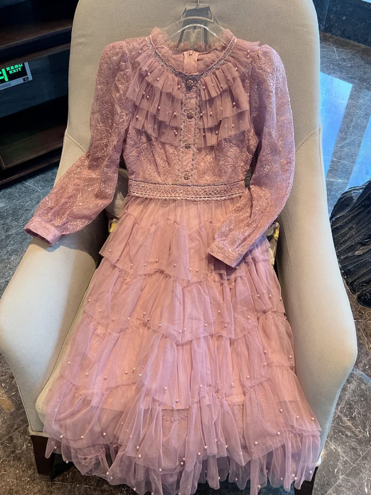 Smthma luxo moda flor malha bordado bolo vestido de alta qualidade feminino o pescoço manga longa plissado festa vestidos longos 2025