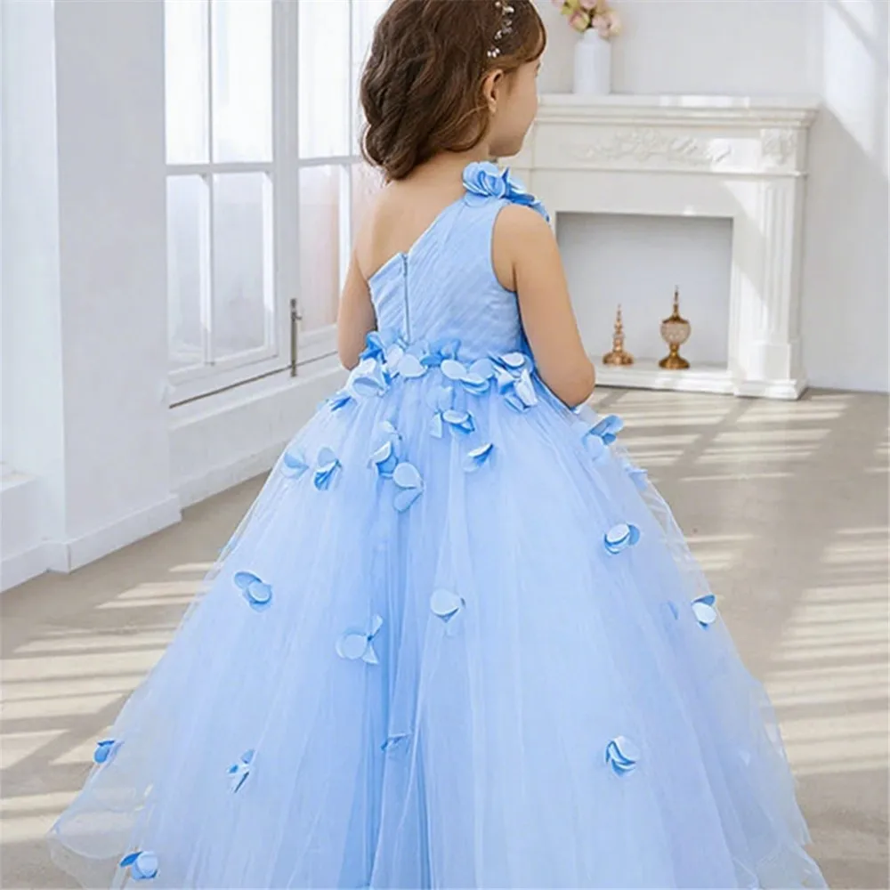 

Elegant Flower Girl Wedding Dress One Shoulder Appliques Floral Princess Birthday Party Dress First Communion Gown Customized