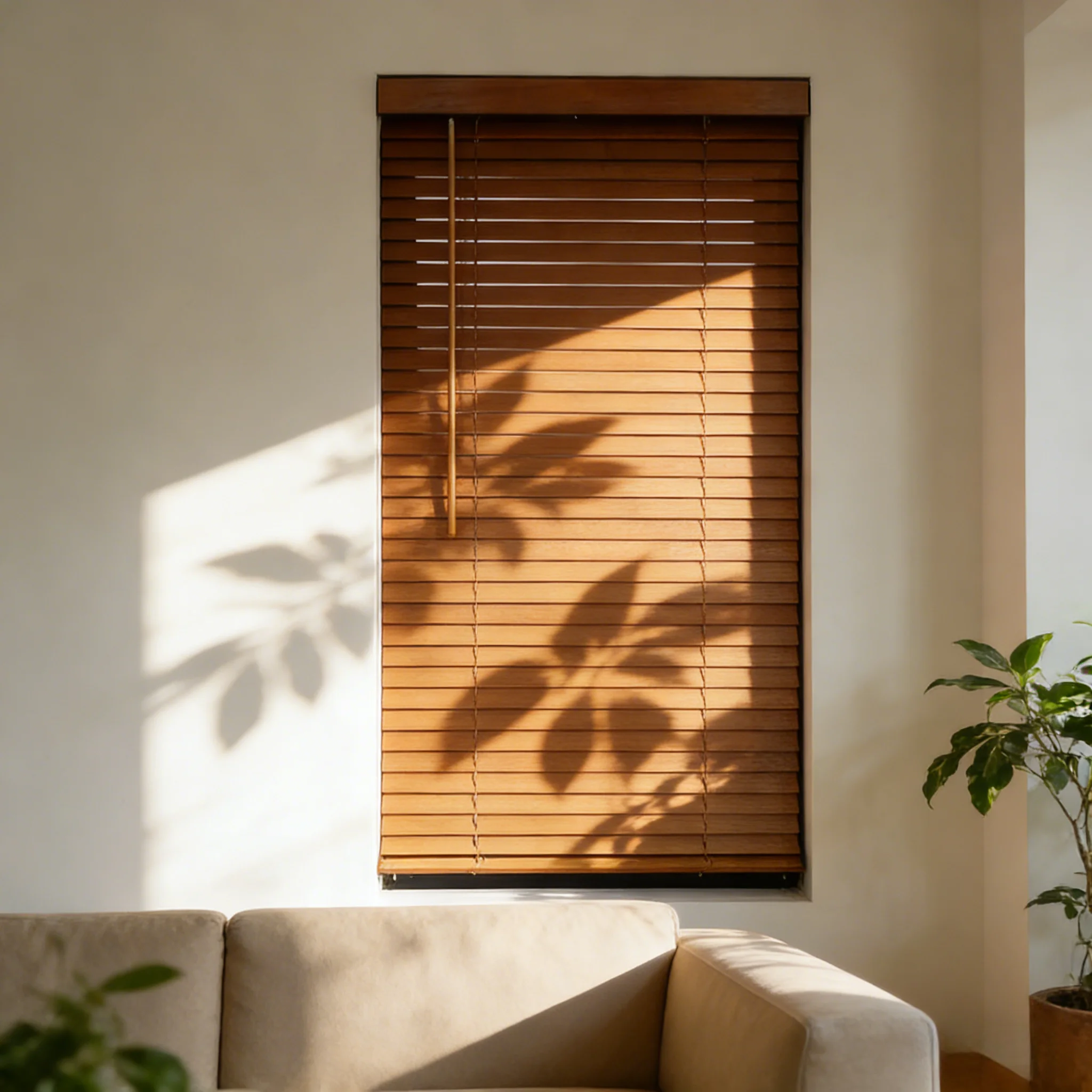 Cordless Built-in Wooden Venetian Blinds Eco-Friendly Natural Wood Handmade Simple UV Blocking Customizable Window Treatment