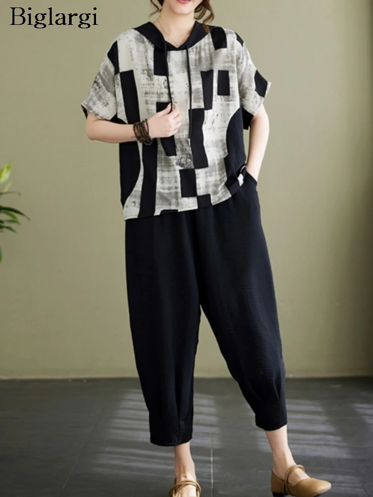 

Oversized Wide Leg Pants Two 2 Piece Sets Summer Women Plaid Print Patchwork Hoodie Tshirt Suit Casual Loose Woman Tops Set