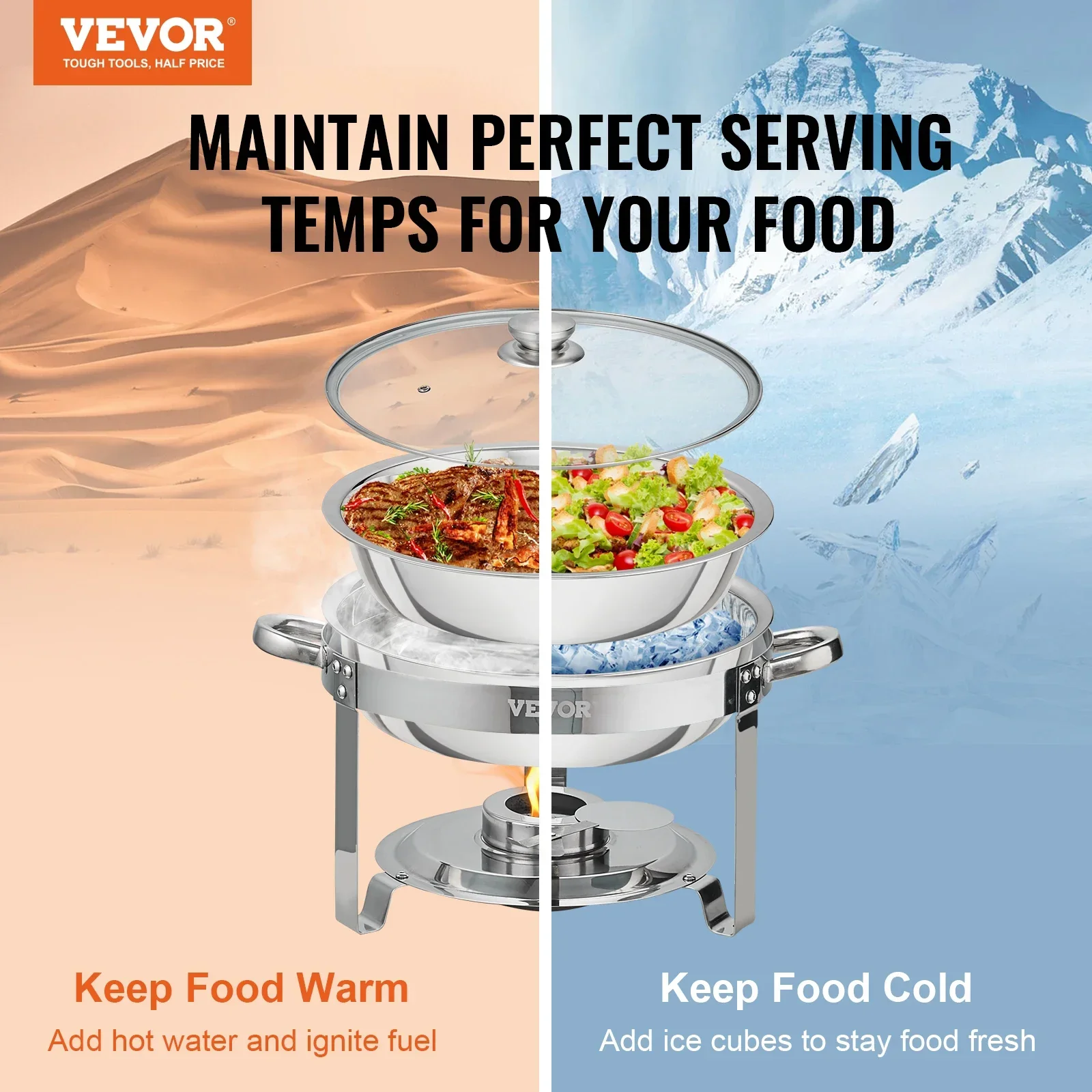 VEVOR 6QT 2/4Pack Round Chafing Dish Set Stainless Steel Buffet Chafer with Full Size Pan Glass Lid  Fuel Holder Catering Warmer