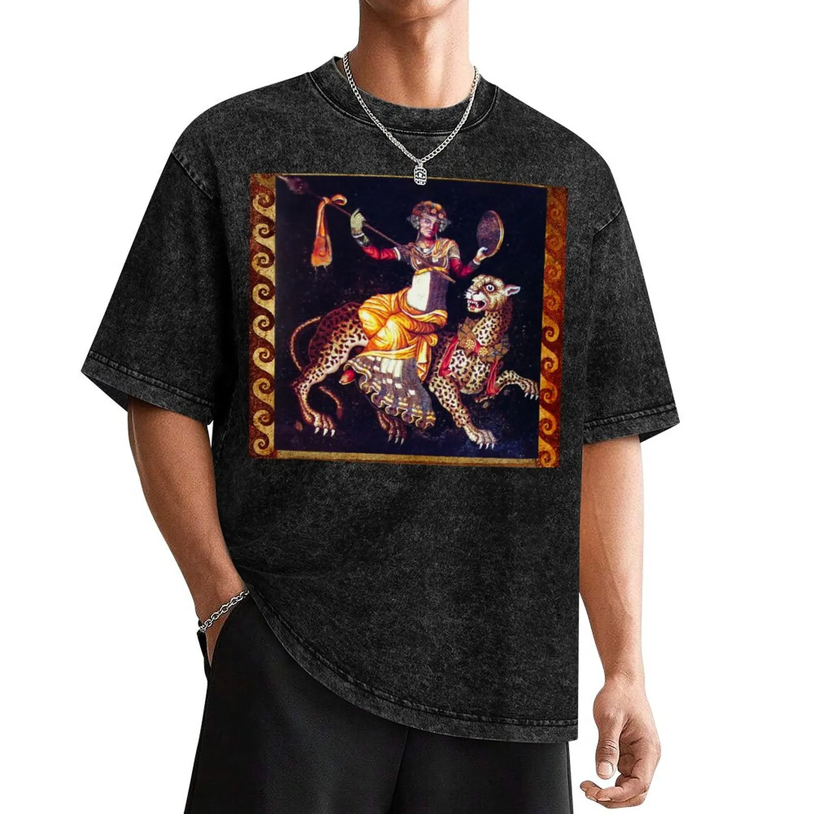 DIONYSOS WITH A SPEAR RIDING A LEOPARD Antique Greek Mosaics T-Shirt cute clothes Men's cotton t-shirt