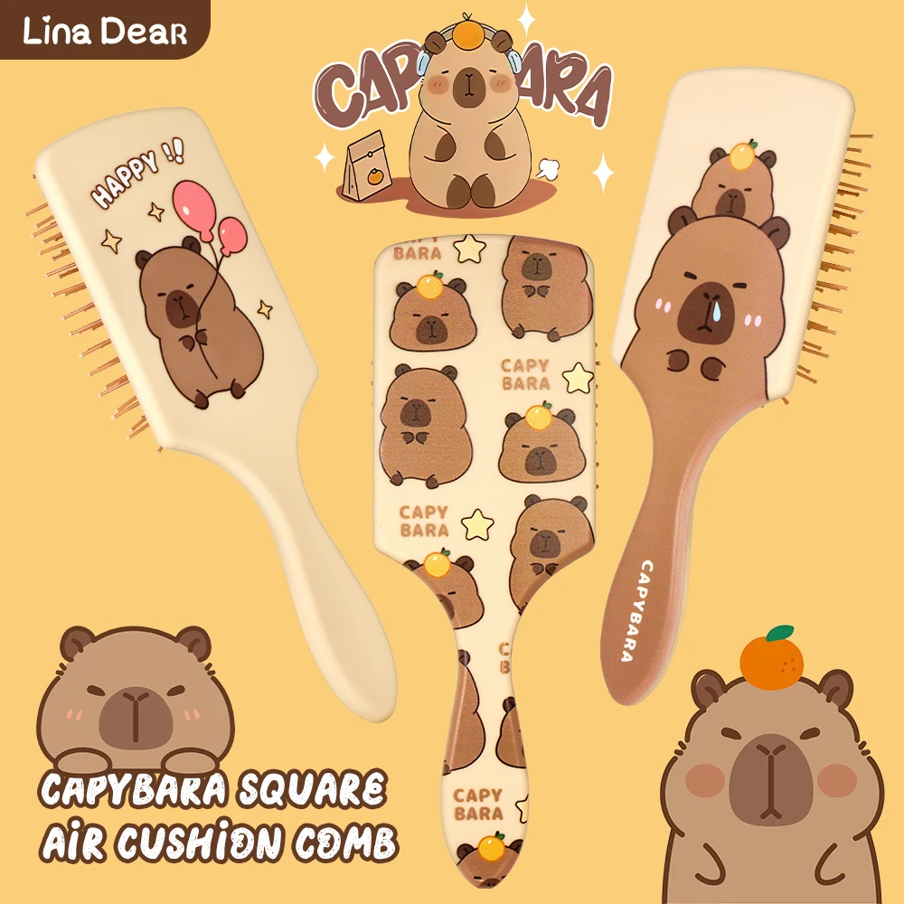 Escova de cabelo com almofada de ar de capivara de desenho animado fofo - design de balões e estrelas felizes, pente portátil para cuidados com o cabelo diário