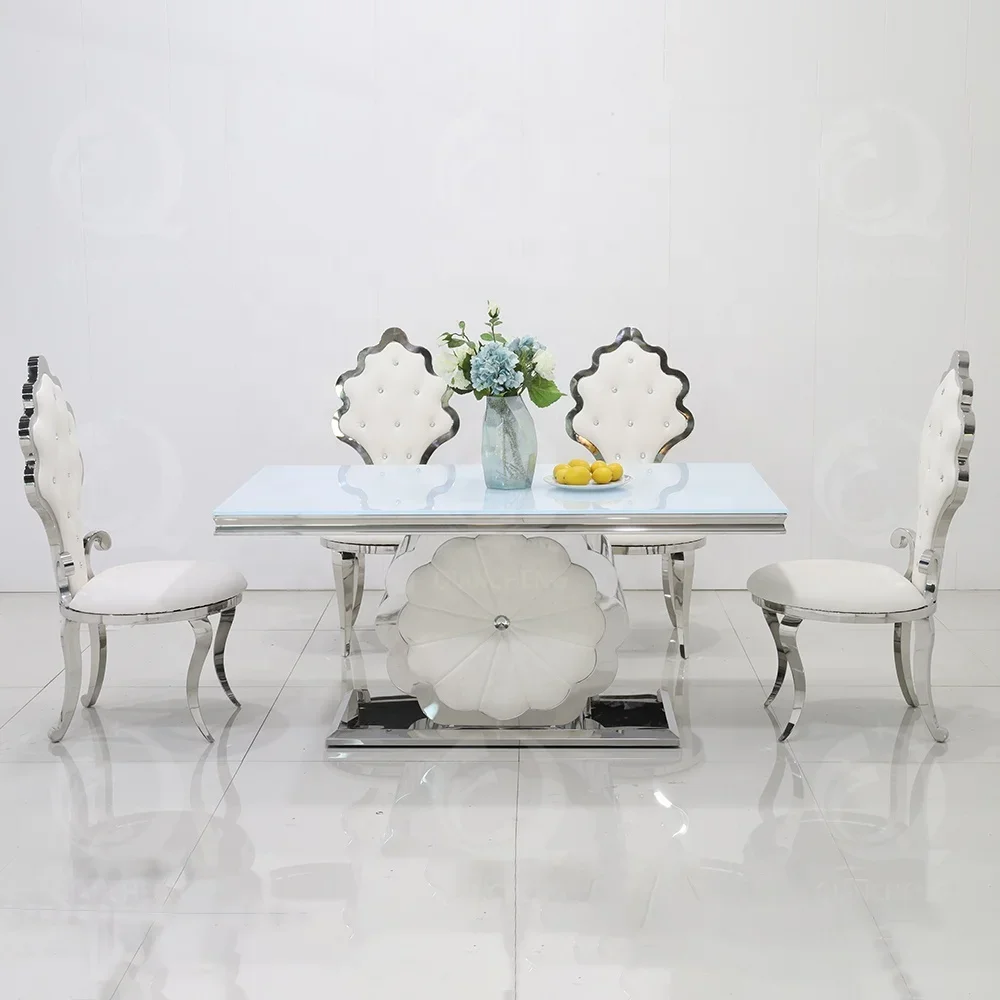 Modern flower stainless steel dinning table set dining room furniture with 8 chairs white gloss glass