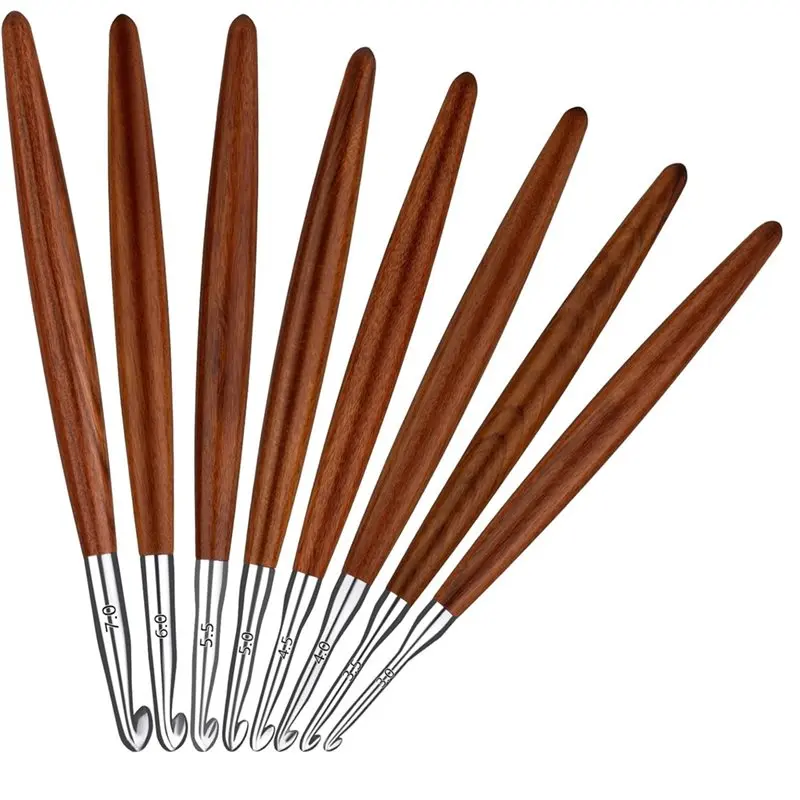 AC23-Aluminum Crochet Hooks Set 8 Pack, For Arthritic Hand Compatible Wood Handle Sizes 3Mm- 7Mm For DIY Crafts Knitting
