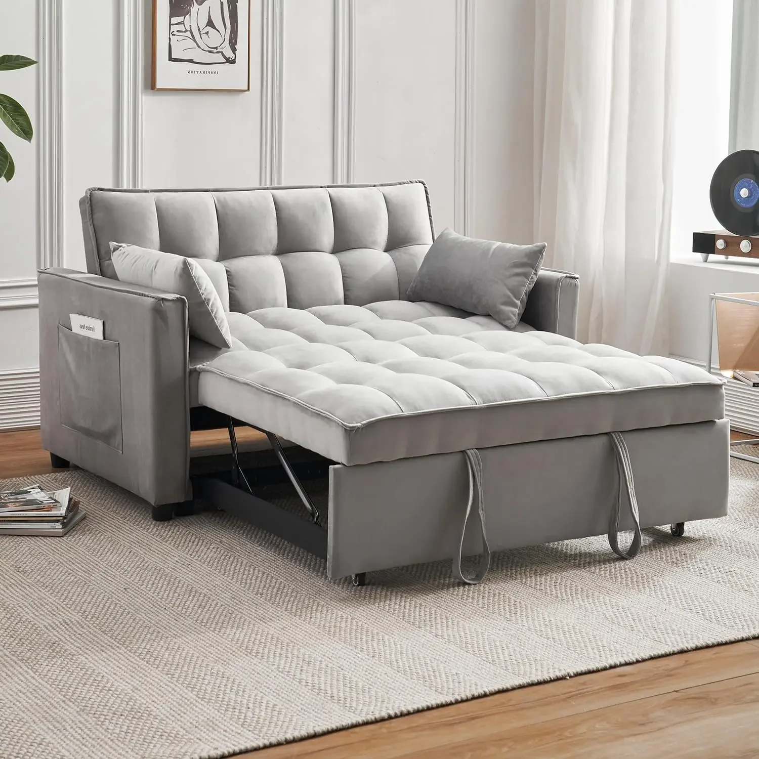 

3-in-1 Convertible Sleeper Sofa Bed, Modern Velvet Loveseat Futon Couch Pullout Bed with Adjustable Backrest, Storage Pockets