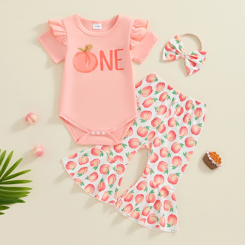 

Suefunskry Baby Girls Summer Birthday Outfit Peach Print Short Sleeves Romper and Flare Pants Headband 3 Piece Clothes