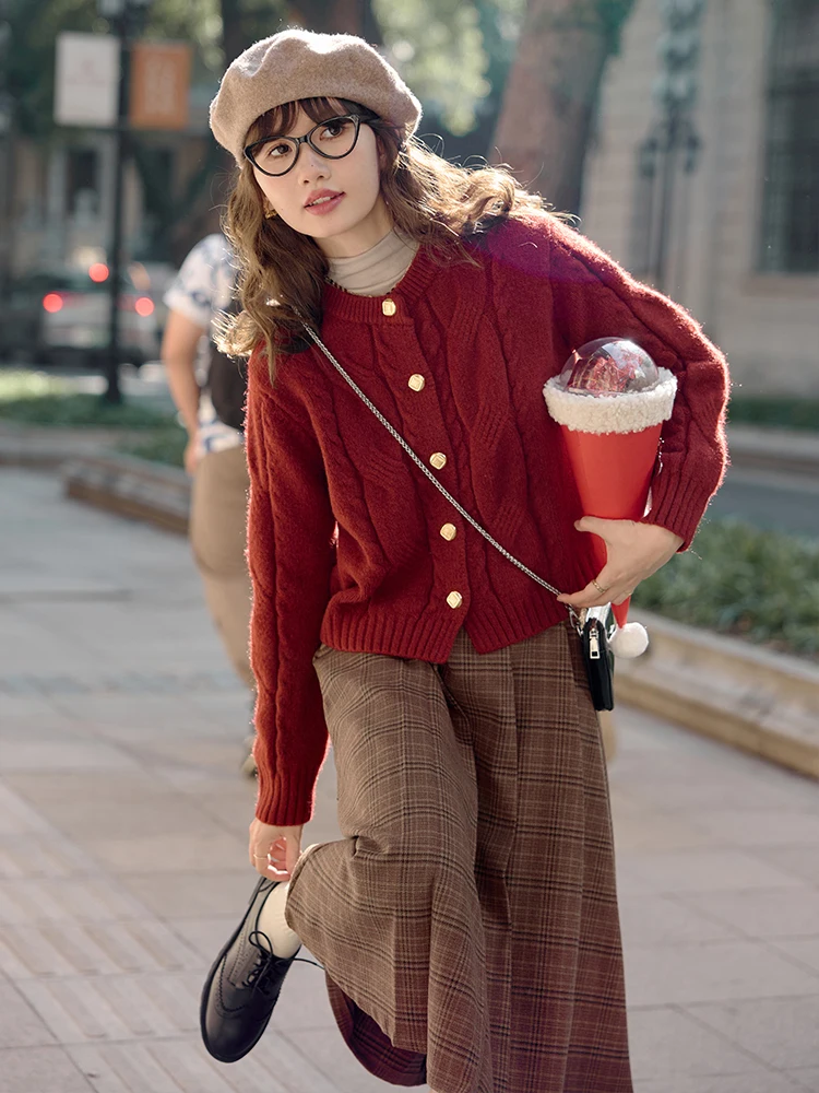 

Осенний винтажный свободный женский вязаный свитер Sunrise, пальто, красный твист, зимний теплый или кардиган с пуговицами