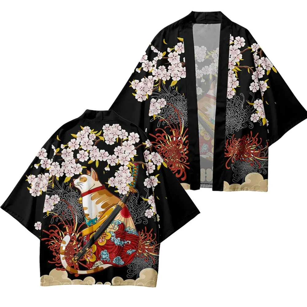 Men Print Shirts Japanese Samurai Cat Flower Kimonos Casual Harajuku Cardigan Summer Hawaiian Beach Haori Streetwear