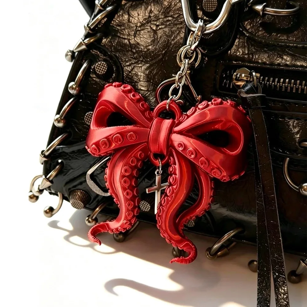 3D Printed Octopus Tentacle Bow Keychain Fashion Creative Octopus Bow Pendant Unique Gothic Cthulhu Style Keyring Backpack Decor