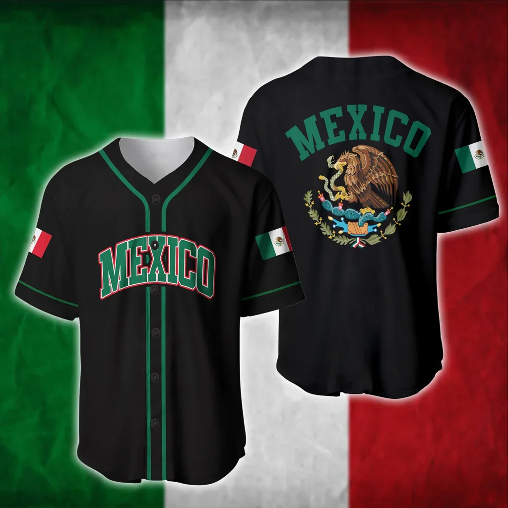 Mexico Flag Badge Baseball Jersey Men\'s Women\'s Short Sleeve Jersey Men\'s Streetwear Short Sleeve Oversize Sports T-shirt