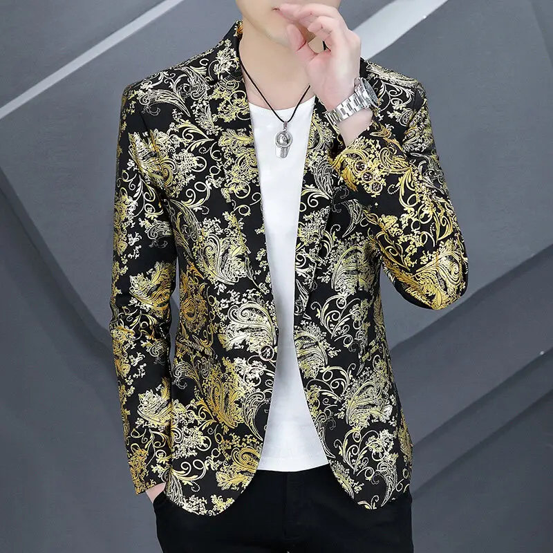 2025 Men's Golden Floral Blazers Business Casual Suit Wedding Dress Gold Blazer Coats Jackets