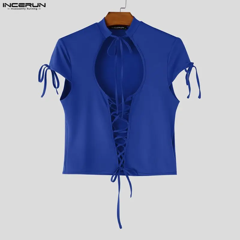 INCERUN Men's T Shirt Solid Color Hollow Out Short Sleeve Lace Up Men Clothes Sexy Fashion Party Crop Tops For Man Camisetas