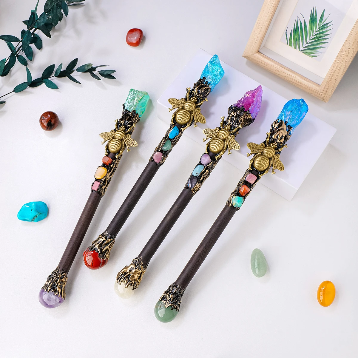 New Product Electroplated Halo Color Original Stone Bee Branch Scepter Handmade Creative Home Decor Ornaments Magic Energy Gifts