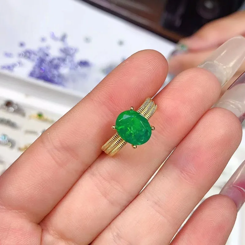 YULEM Simple 925 Silver Green Opal Ring for Office Woman 8mm*10mm 100% Natural Green Green Silver Ring Gift for Woman