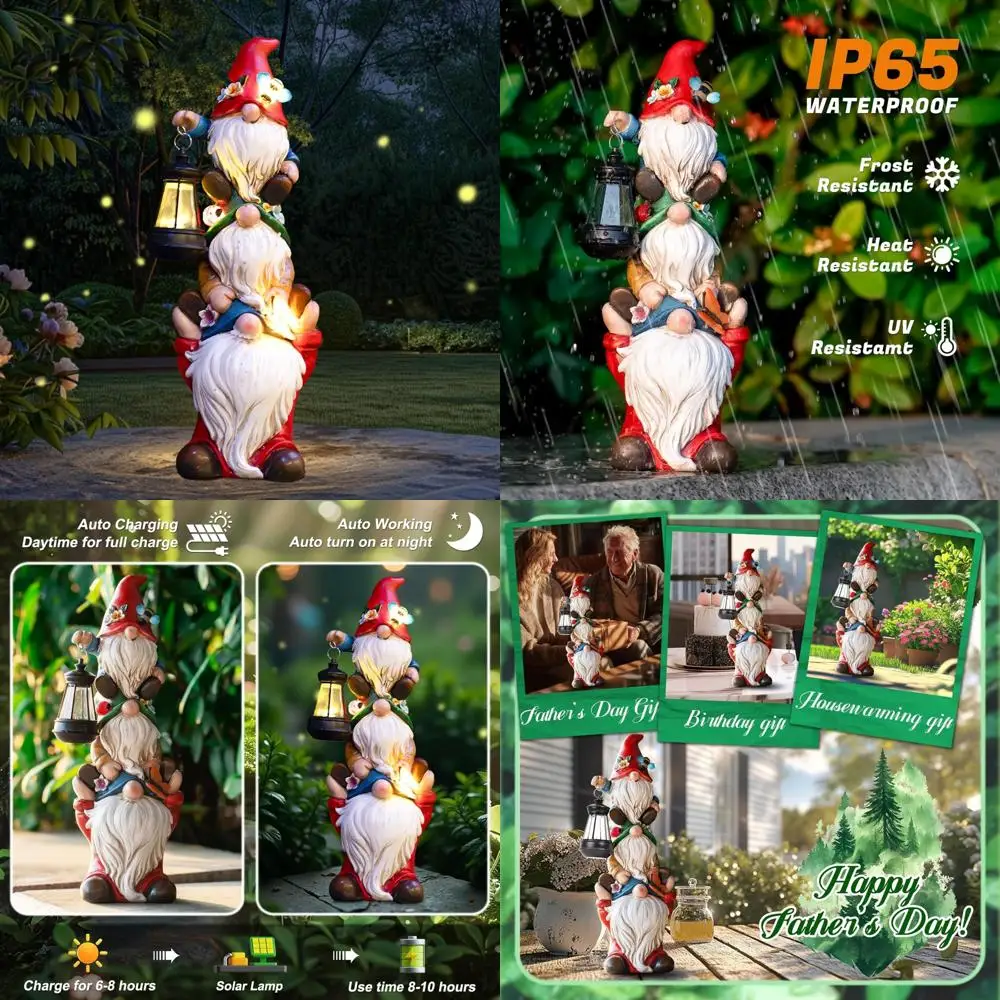 

Solar-Powered Triple Gnome Statues: Large Outdoor Garden Lawn Patio Yard Balcony Home Decorative Funny Gnomes