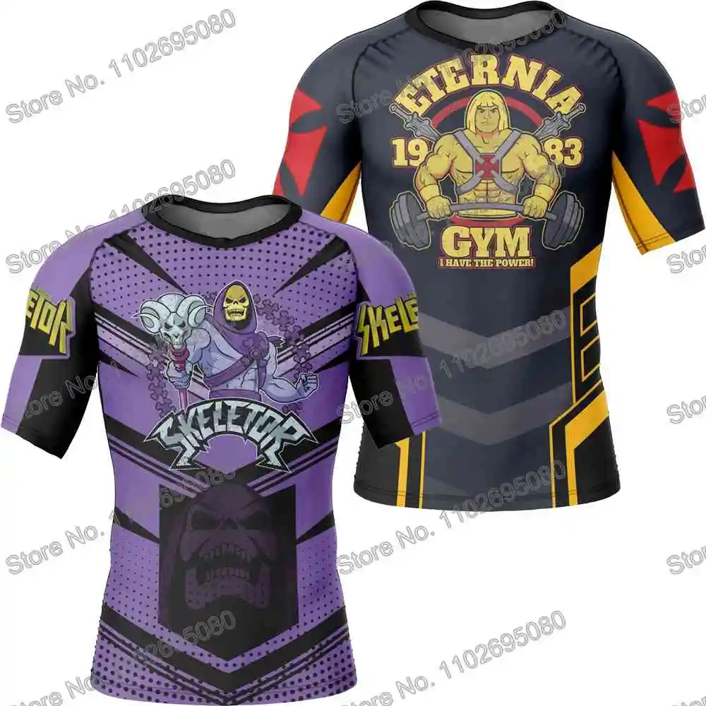 Skeletor He-man Surf Clothing BJJ MMA Men Cartoon Rash Guard Diving T-Shirt Tight Swimwear Summer Beach Floatsuit Women GYM Tops