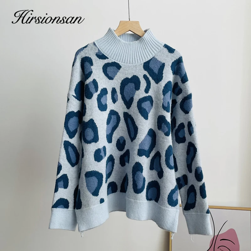 Hirsionsan Winter Women Sweater Leopard Print Basic Knitted Turtleneck Oversize Pullovers Jumper Vintage Warm Clothes for Lady