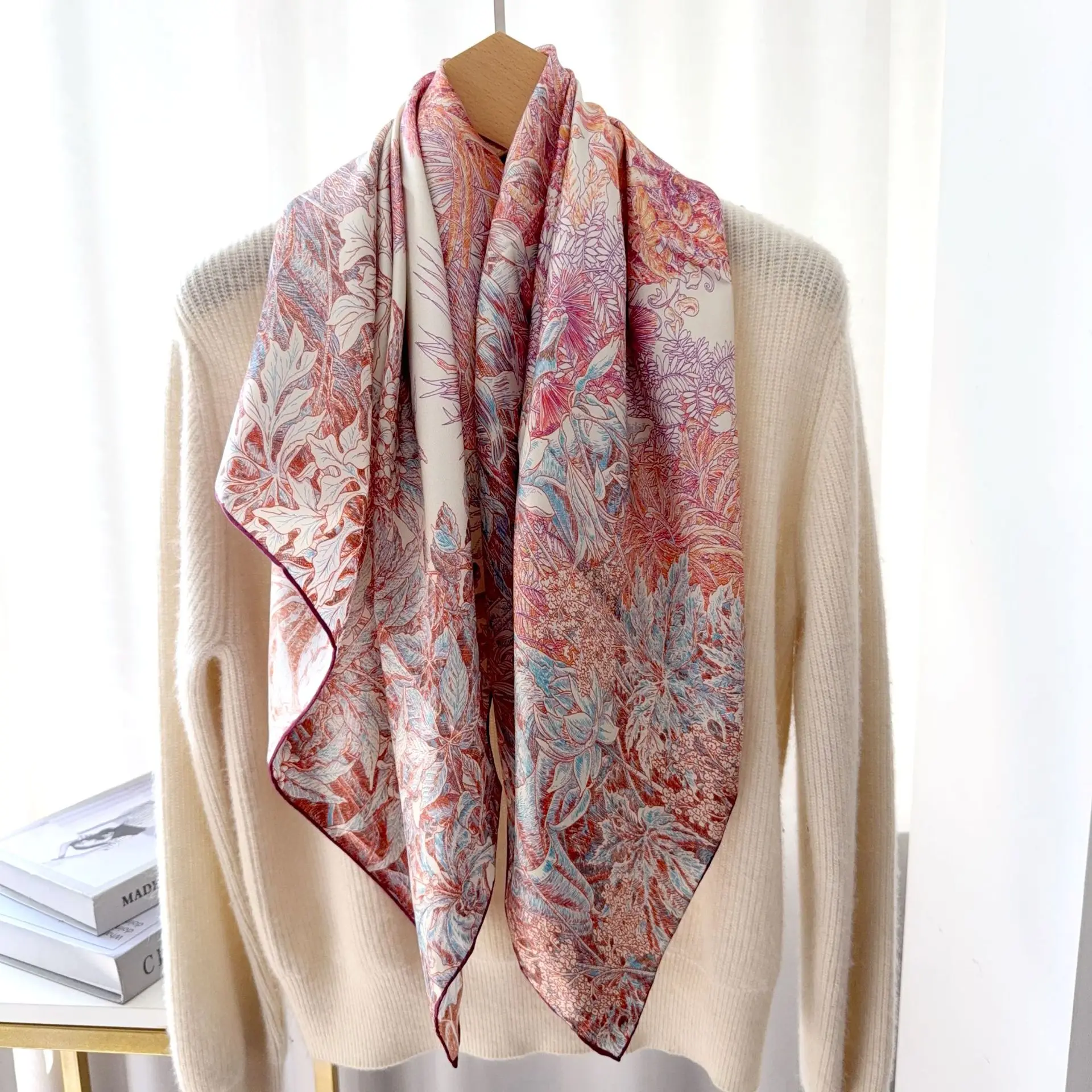 

pink Twill Silk Scarf Square Head Bandanas Hand Rolled Edges Shawls Women Clothing Bag Accessories Christmas Gift Mother