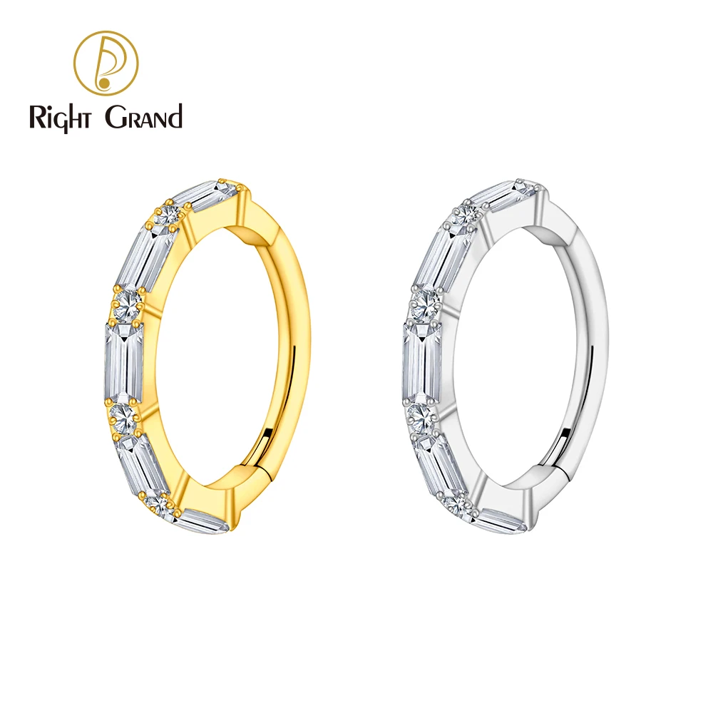 Right Grand Brinco de argola Huggie com fecho de zircônia cúbica ASTM F136 titânio baguete 16G septo articulado cartilagem hélice lóbulo da orelha piercing joia corporal