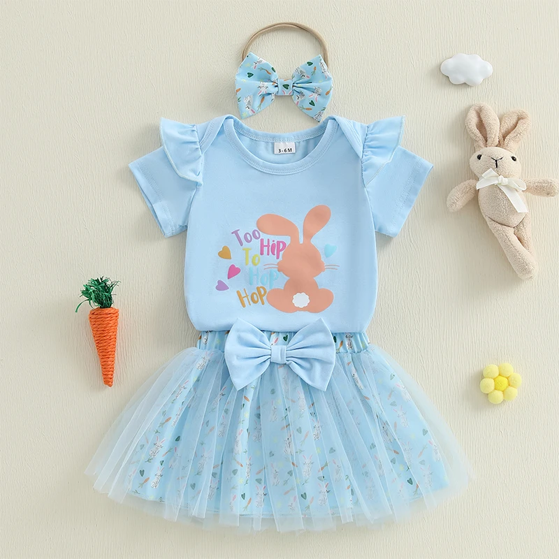 

Baby Girl Easter Outfits Rabbit Letter Print Crew Neck Short Sleeve Romper Skirts Headband 3Pcs Clothes Set