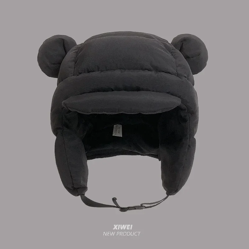 Ins New Cute Bear Ears Padded Bomber Hats for Women Autumn Winter Outdoor Warm Casual Versatile Retro Pilot Caps for Men