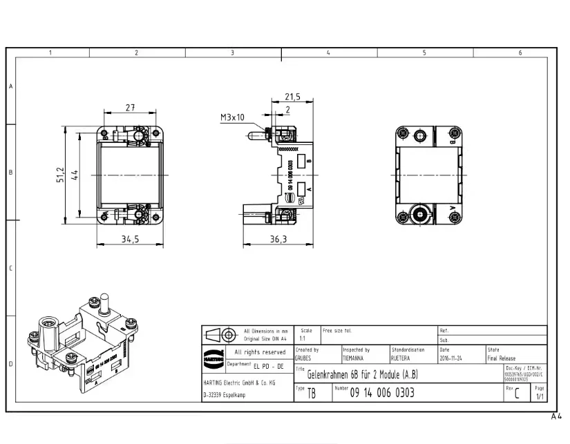 1pcs 09140060303 harting HAN - Modular flexible frame / for 2 modules