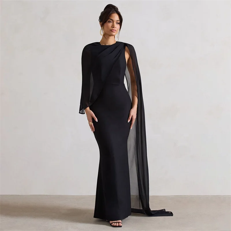 Robe de Rhlongue cape noire avec fibre ronde sexy, robe de soirée sirène, robe de tapis rouge formelle, jupe d'anniversaire