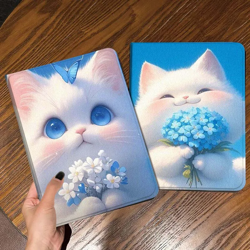 

Cute White Cat Flowers Gift For iPad Pro Air Mini 2 3 4 5 6 7 6th 7th 10th 11th 10.2 9.7 10.5 11 Foldable Tablet Case