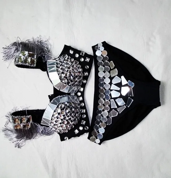 

Sexy Tassels Bra Silvery Sparkly Mirror Rhinestone Bikini Nightclub DJ Female Singer Stage Costume Pole dancing performance wear