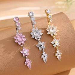 Goud Roze Kleur 3 Bloemen CZ Crystal Navel Buikpiercing Ringen 14G Rvs Hart Navelpiercing voor vrouwen Sieraden