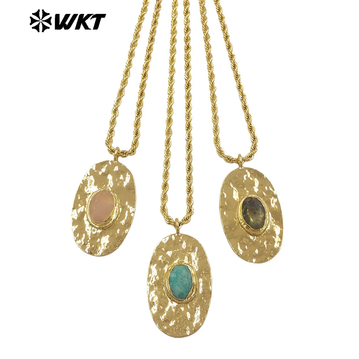 WT-N1538 Oval Shape Pink Crystal And Amozonite Gemstone Fine Rope Chain Flat Yellow Brass Pendants Necklace For Sweater ACC